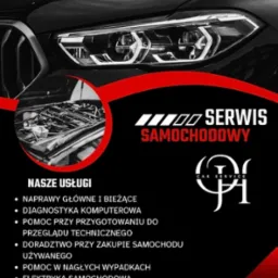 Grafika reklamowa serwisu samochodowego prezentująca zbliżenie reflektora nowoczesnego BMW oraz silnik w tle, z listą oferowanych usług i danymi kontaktowymi w Sosnowcu.