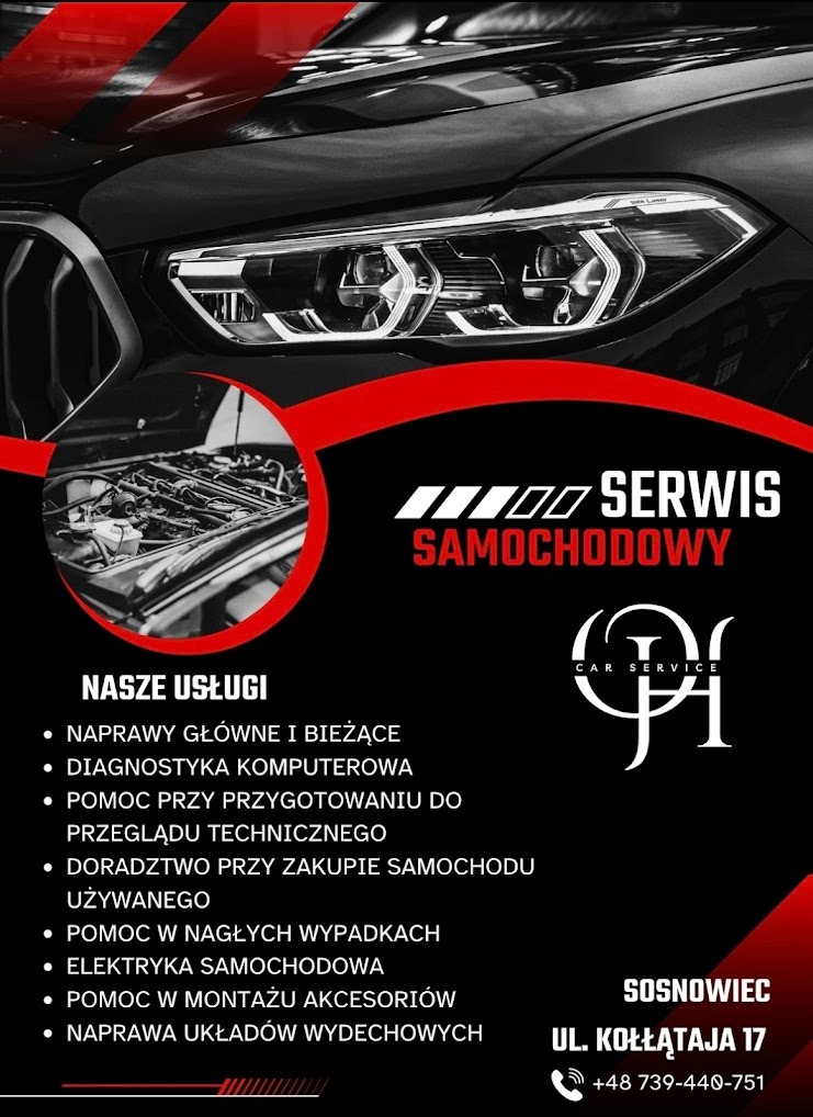 Grafika reklamowa serwisu samochodowego prezentująca zbliżenie reflektora nowoczesnego BMW oraz silnik w tle, z listą oferowanych usług i danymi kontaktowymi w Sosnowcu.