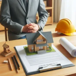 Model domu z drewna na biurku obok żółtego kasku budowlanego, zwinięty projekt, długopisy i umowa, w tle siedzący mężczyzna w garniturze.