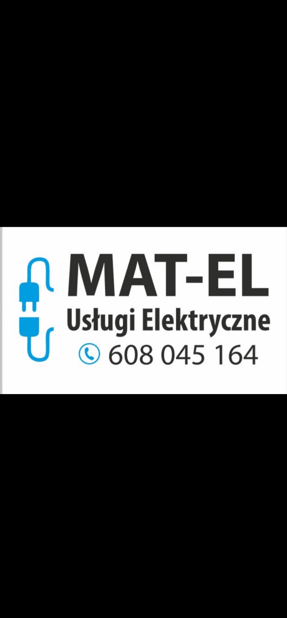 Logo firmy MAT-EL oferującej usługi elektryczne. Błękitny symbol wtyczki, nazwa firmy, napis 'Usługi Elektryczne' i numer telefonu na białym tle.
