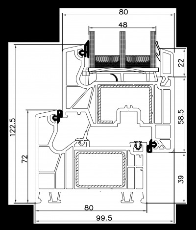 Schemat przekroju ramy okiennej z naniesionymi wymiarami w milimetrach.