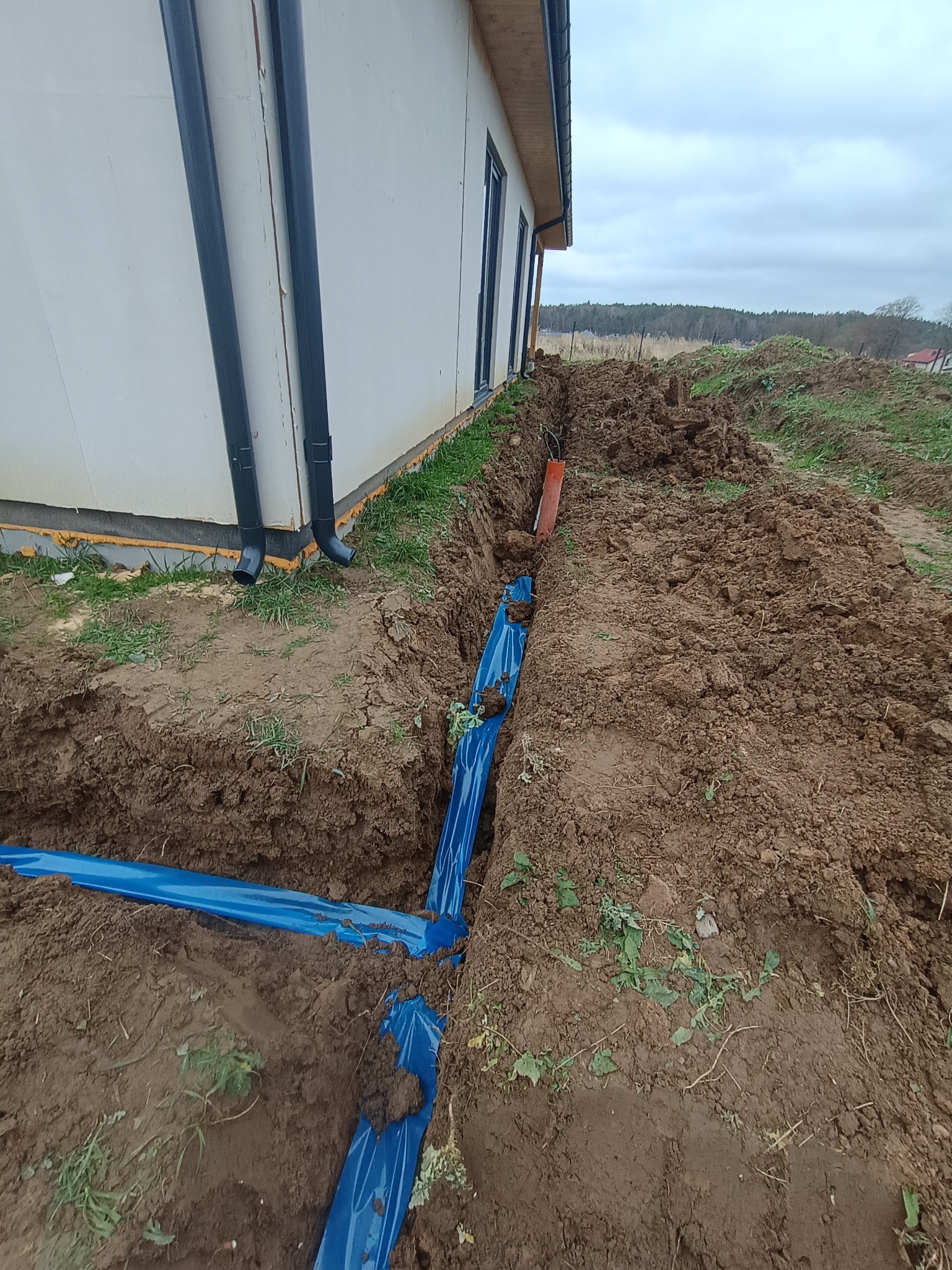 Niebieskie rury w wykopie ziemnym wzdłuż ściany budynku z rynnami. Widok na krajobraz z drzewami i pochmurnym niebem w tle. Instalacja podziemna.