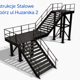 Muller & Sohn Polska sp. z o.o - Wizualizacja zewnętrznych, dwubiegowych schodów z metalową konstrukcją i balustradami, rzucających wyraźny cień na jasne tło.