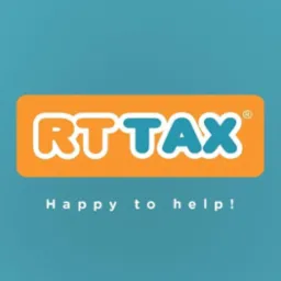 Logo firmy RT TAX z napisem 'Happy to help!' na turkusowym tle. Logo ma pomarańczowe tło z białą obwódką.