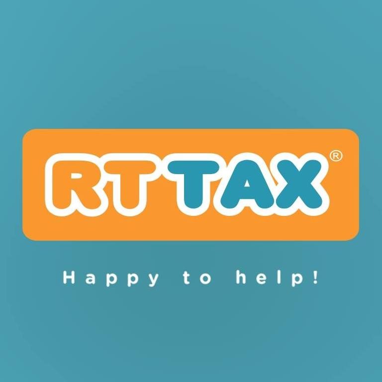 Logo firmy RT TAX z napisem 'Happy to help!' na turkusowym tle. Logo ma pomarańczowe tło z białą obwódką.