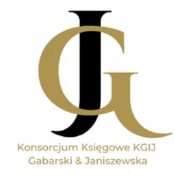 Logo Konsorcjum Księgowe KGIJ Gabarski & Janiszewska z stylizowanymi literami J i G w kolorach czarnym i złotym.