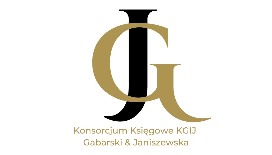 Logo Konsorcjum Księgowe KGIJ Gabarski & Janiszewska z stylizowanymi literami J i G w kolorach czarnym i złotym.