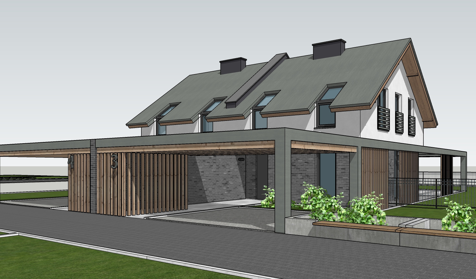 Wizualizacja projektu domu z szarego kamienia z dwuspadowym dachem, oknami dachowymi i zintegrowaną wiatą garażową z drewnianymi panelami.