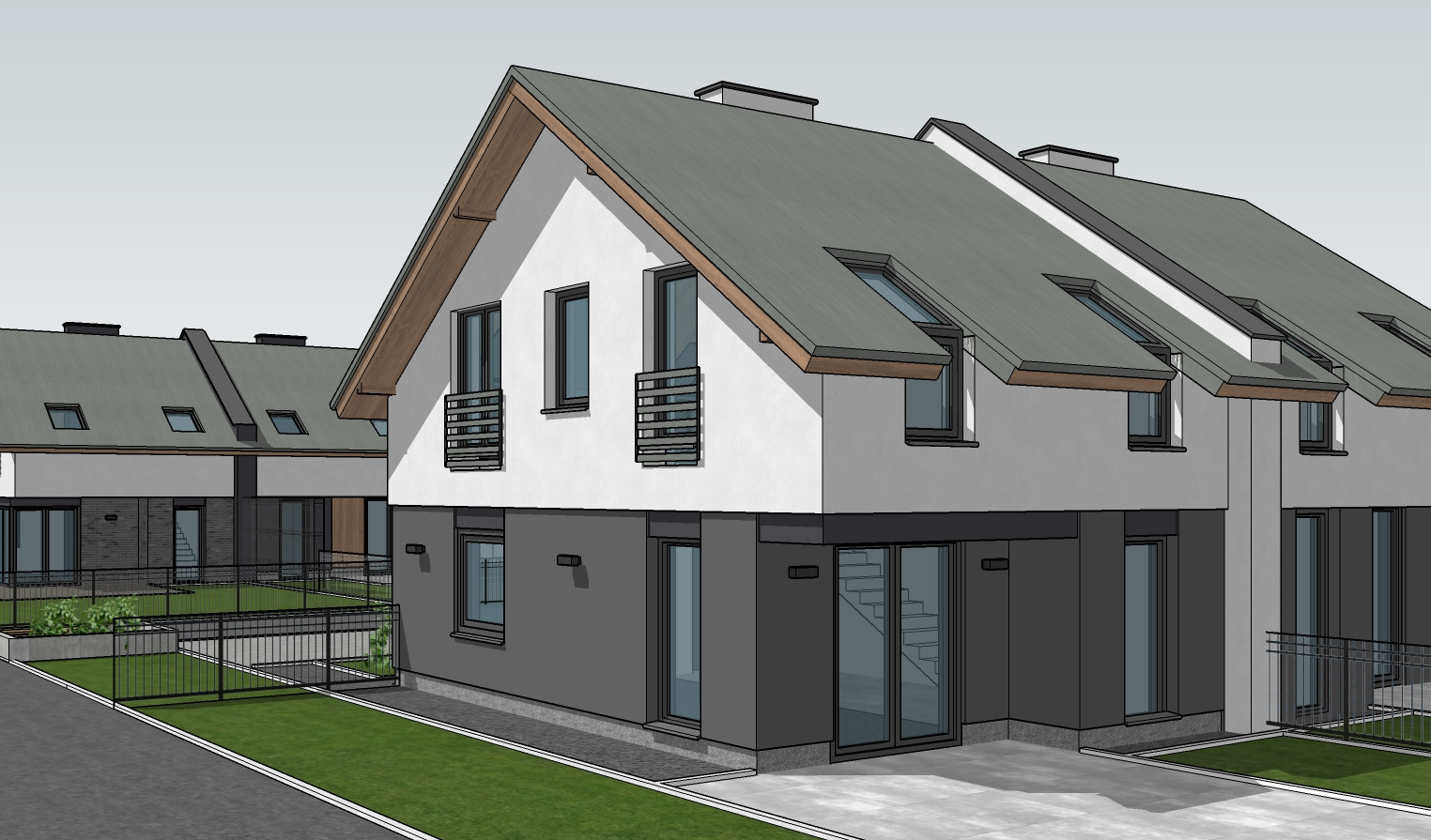 Wizualizacja szeregu nowoczesnych domów dwukondygnacyjnych z szarymi dachami i białymi elewacjami, z balkonami z metalowymi balustradami i dużymi oknami, otoczonych trawnikiem i chodnikiem.