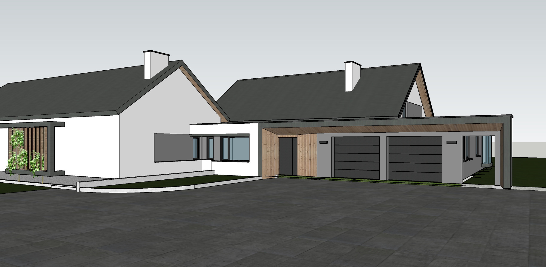 Wizualizacja projektu domu jednorodzinnego z dwustanowiskowym garażem i drewnianą elewacją, prezentująca nowoczesną architekturę z elementami zieleni.