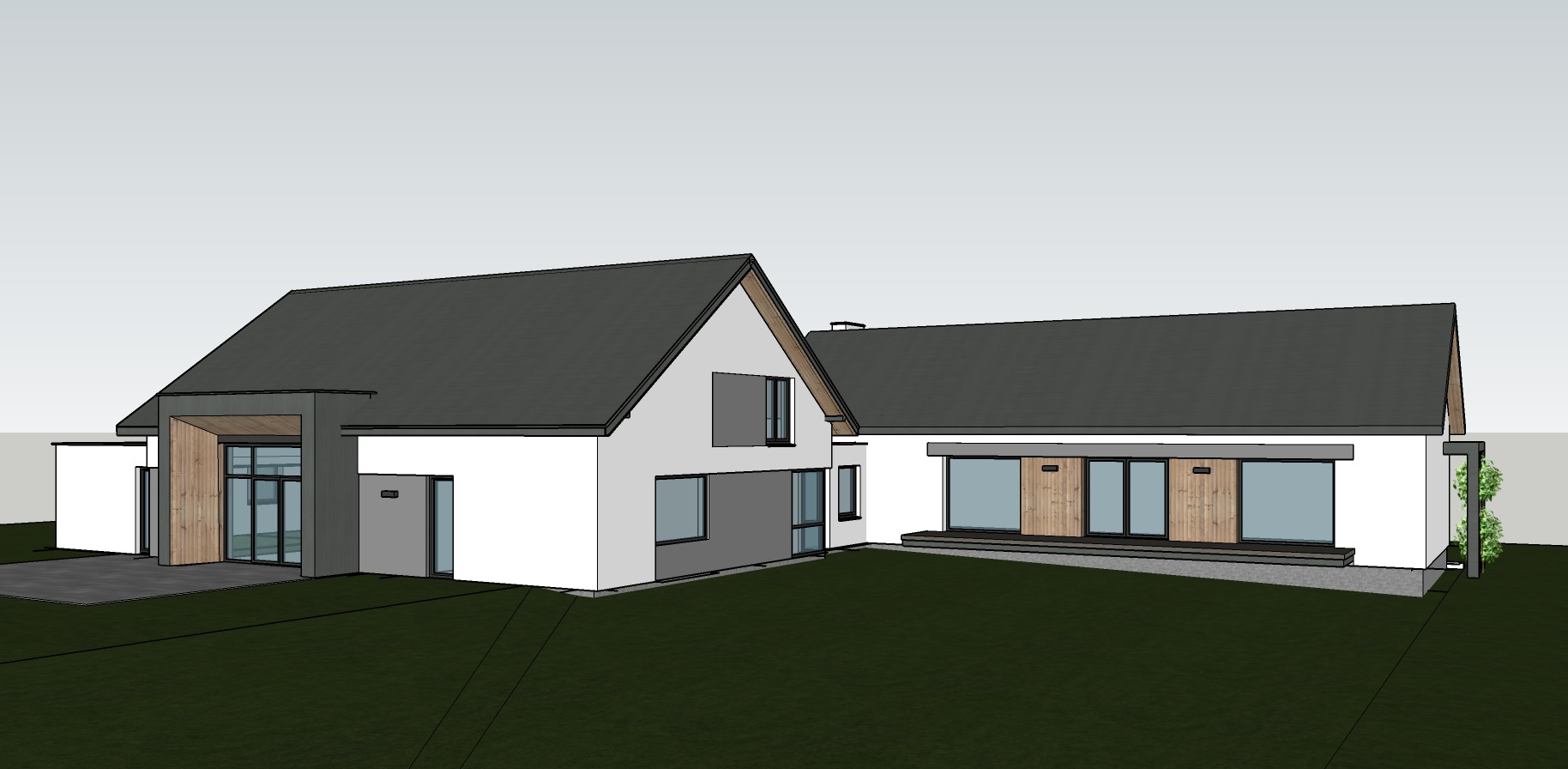 Wizualizacja 3D nowoczesnego domu jednorodzinnego z dwuspadowym dachem, białymi ścianami i elementami wykończeniowymi z drewna.