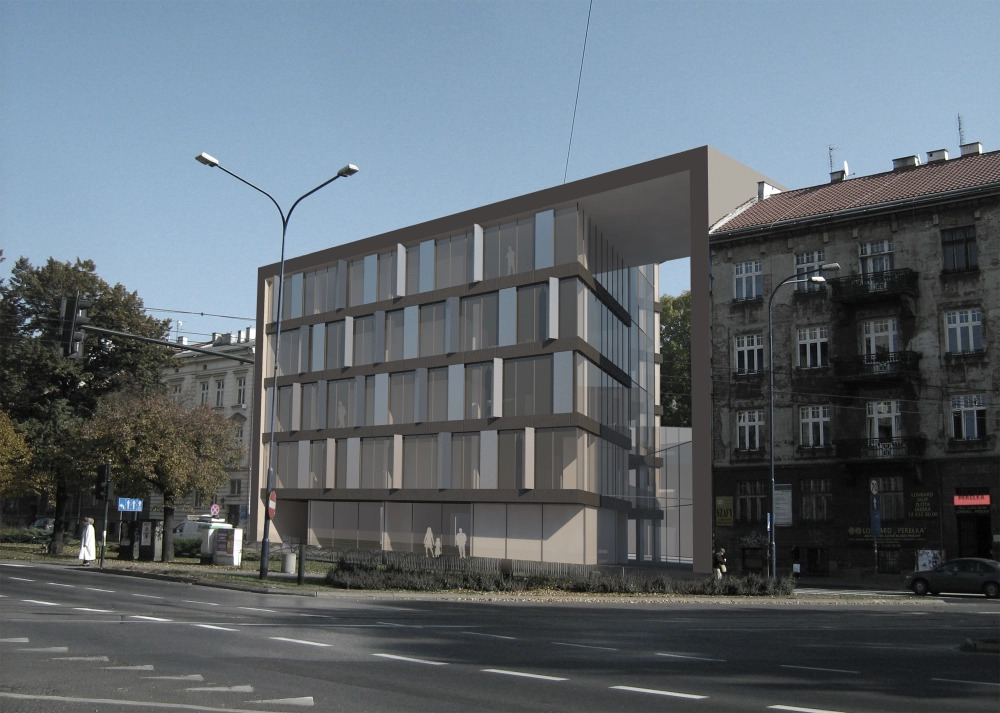 Wizualizacja nowoczesnego budynku biurowego z dużymi oknami, kontrastująca ze starą kamienicą w tle, widok z ulicy w słoneczny dzień.