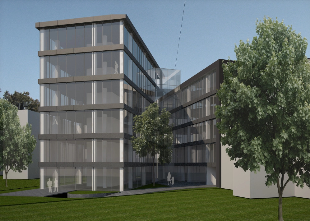 Wizualizacja nowoczesnego budynku biurowego z przeszkloną fasadą, połączonego szklanym łącznikiem, otoczonego zielenią.