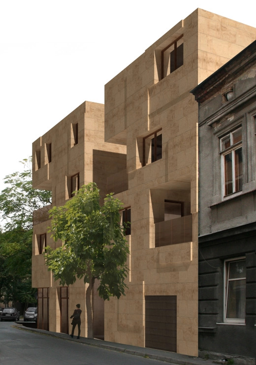 Wizualizacja budynku usługowego z elewacją z jasnego kamienia, wkomponowanego w istniejącą zabudowę miejską. Widoczny fragment ulicy z drzewem i sylwetką przechodnia.