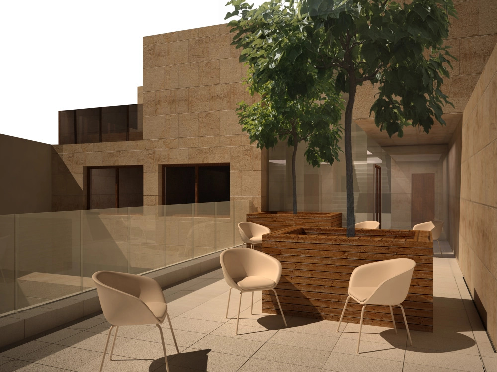 Wizualizacja tarasu z drzewami w drewnianych donicach, nowoczesnymi krzesłami i elewacją z piaskowca.