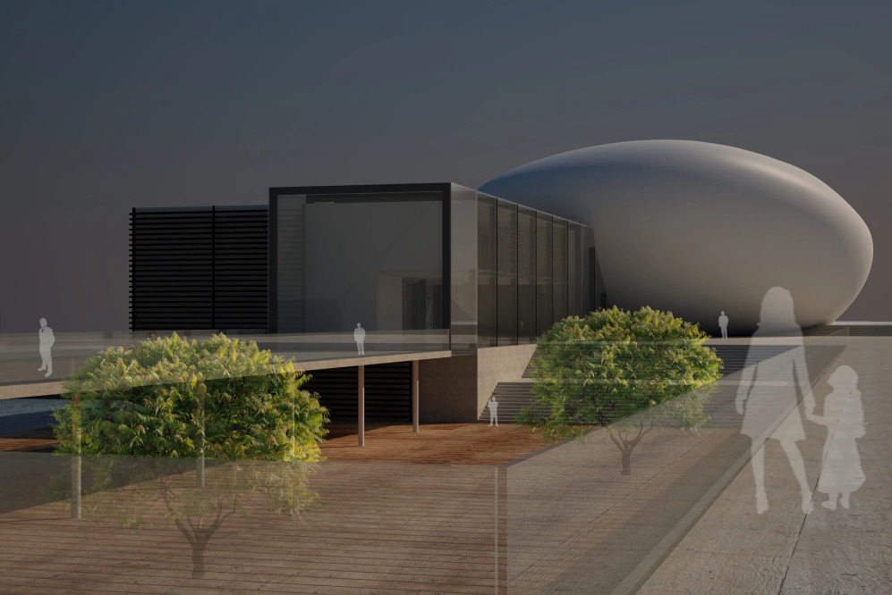 Wizualizacja budynku usługowego z owalną bryłą, modernistyczną elewacją z przeszklonymi elementami, drewnianym tarasem i zielenią w otoczeniu, ukazana z perspektywy przechodniów.