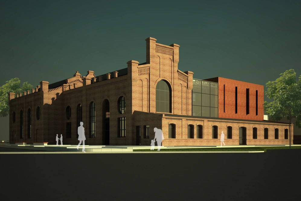 Wizualizacja budynku usługowego z cegły z elementami nowoczesnej architektury, w tle ciemne niebo i zieleń drzew, z naniesionymi sylwetkami ludzi.