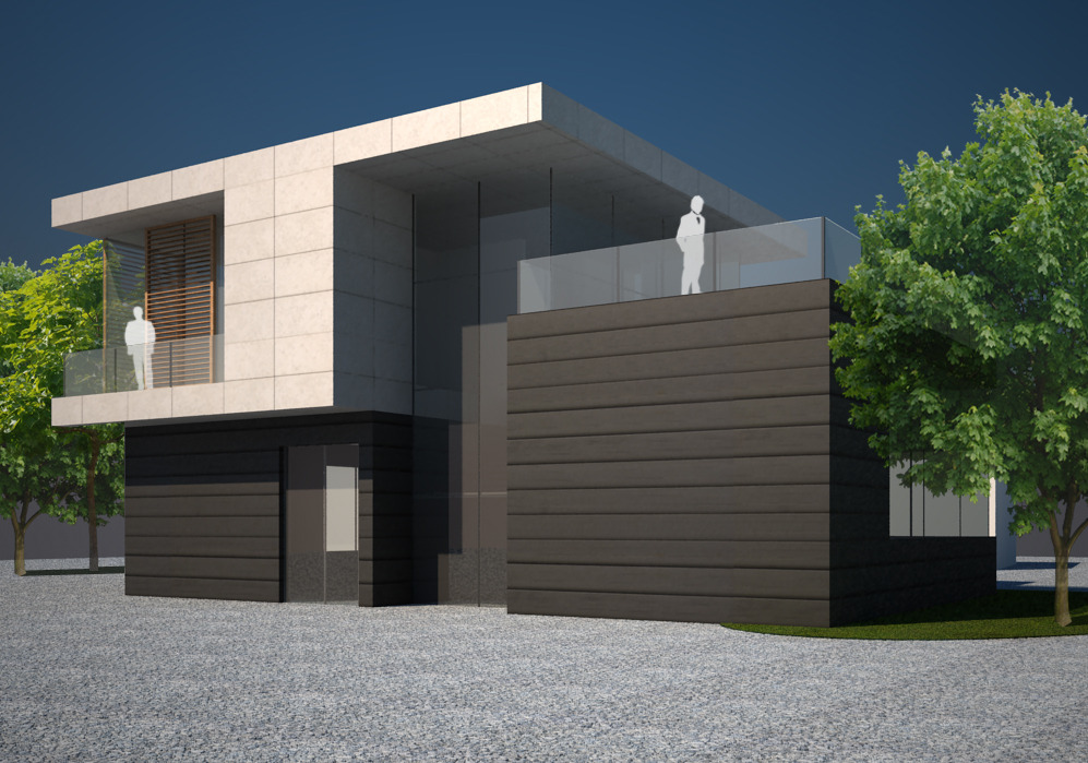 Wizualizacja nowoczesnego, dwukondygnacyjnego domu z płaskim dachem, elewacją z jasnych płyt i ciemnego drewna, z balkonami z przezroczystymi balustradami i sylwetkami ludzi, otoczonego zielenią.