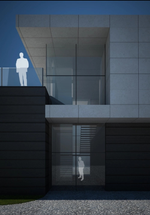 Wizualizacja nowoczesnego domu z płaskim dachem, dużymi przeszkleniami i elewacją w odcieniach szarości oraz czerni, z sylwetkami postaci umieszczonymi w celu przedstawienia skali.