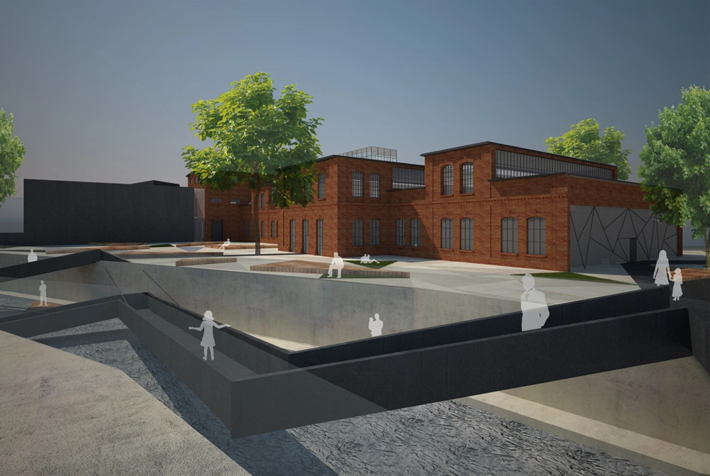 Wizualizacja budynku usługowego z cegły z przeszklonym poddaszem i geometrycznym wzorem na ścianie, otoczonego zielenią i przestrzenią publiczną z elementami małej architektury oraz podziemnym...