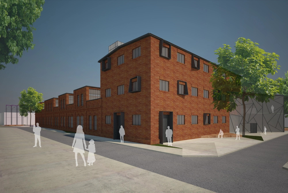 Wizualizacja budynku usługowego z czerwonej cegły z czarnymi ramami okiennymi i drzwiami, otoczonego drzewami i stylizowanymi postaciami ludzi.