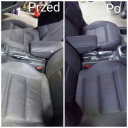 Domowe pranie chemiczne Andrii Moisa - Porównanie fotela samochodowego przed i po czyszczeniu, widoczne wyraźne różnice w kolorze i czystości tapicerki.