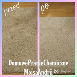 Domowe pranie chemiczne Andrii Moisa - Dywan typu shaggy podzielony na dwie części: po lewej stronie widoczny dywan przed czyszczeniem z widocznymi zabrudzeniami, po prawej stronie dywan po czyszczeniu, odzyskujący jasny, jednolity kolor.
