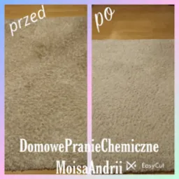 Dywan typu shaggy podzielony na dwie części: po lewej stronie widoczny dywan przed czyszczeniem z widocznymi zabrudzeniami, po prawej stronie dywan po czyszczeniu, odzyskujący jasny, jednolity kolor.