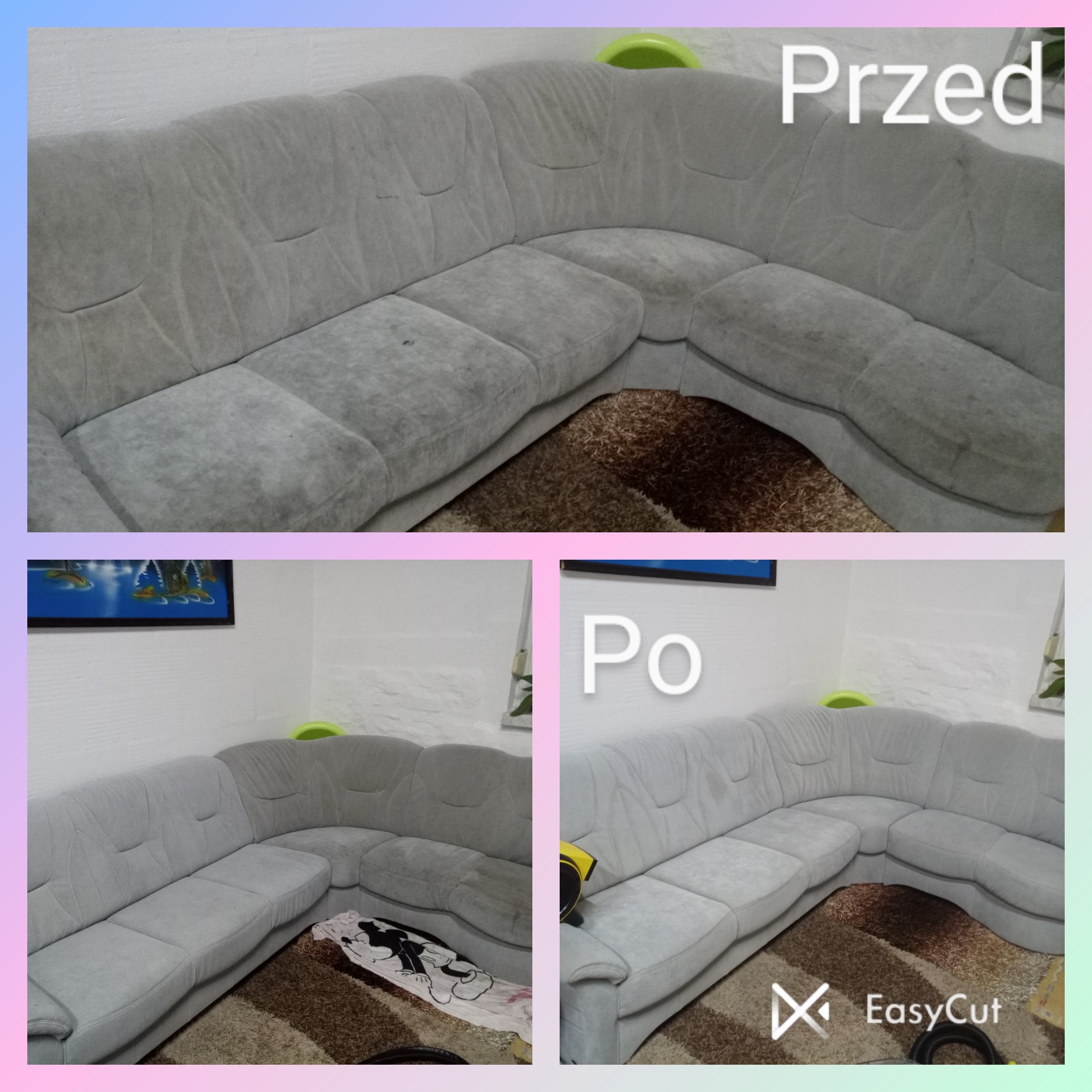 Szary narożnik tapicerowany, widok przed i po czyszczeniu. Na górze widoczne plamy i zabrudzenia, na dole narożnik odświeżony, z boku suszarka do tapicerki.