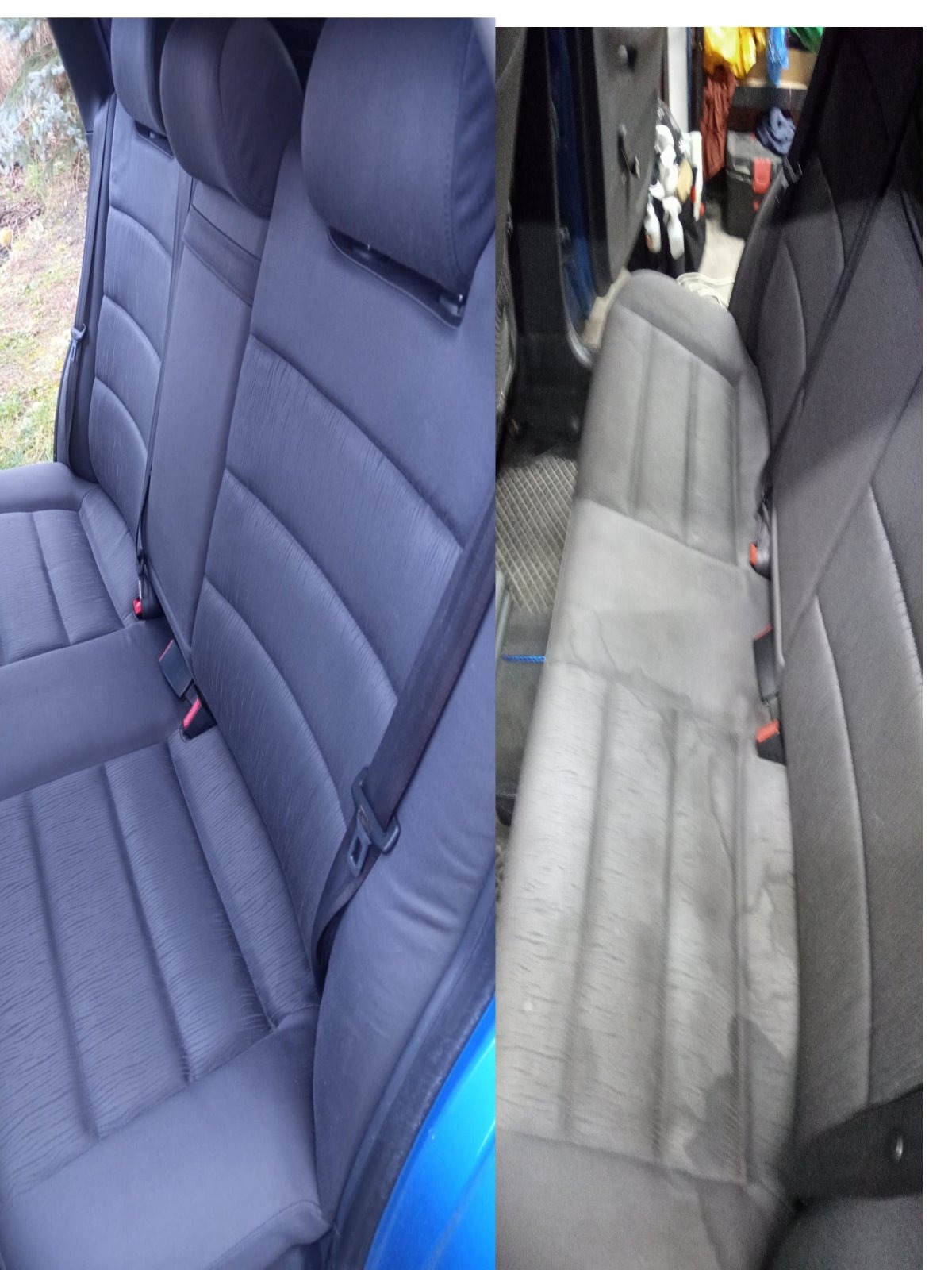 Porównanie tylnej kanapy samochodowej przed i po czyszczeniu tapicerki, widoczne różnice w kolorze i plamach.