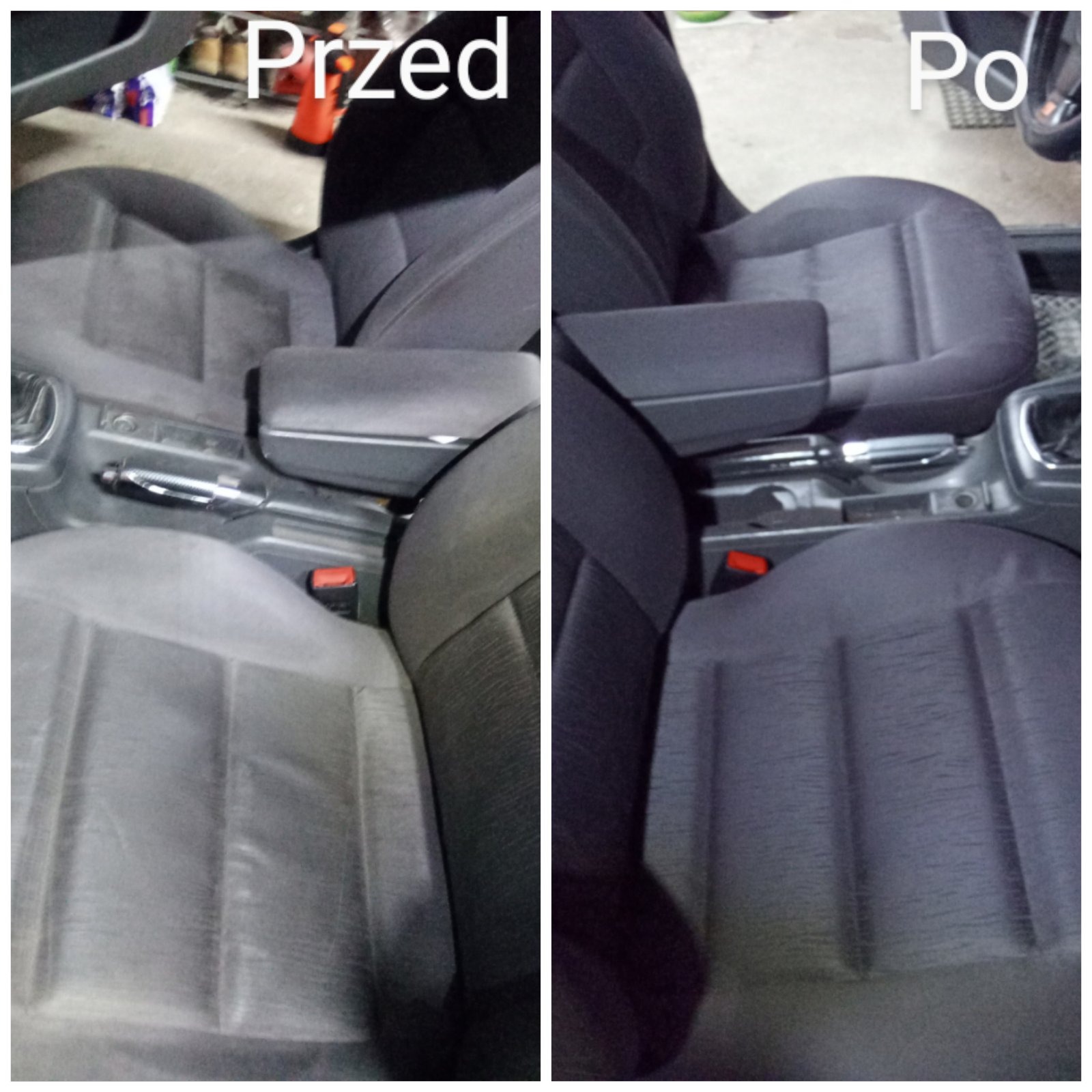 Porównanie fotela samochodowego przed i po czyszczeniu, widoczne wyraźne różnice w kolorze i czystości tapicerki.