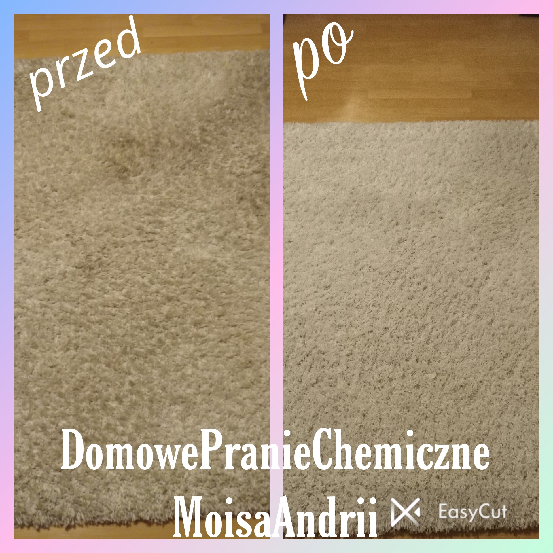 Dywan typu shaggy podzielony na dwie części: po lewej stronie widoczny dywan przed czyszczeniem z widocznymi zabrudzeniami, po prawej stronie dywan po czyszczeniu, odzyskujący jasny, jednolity kolor.