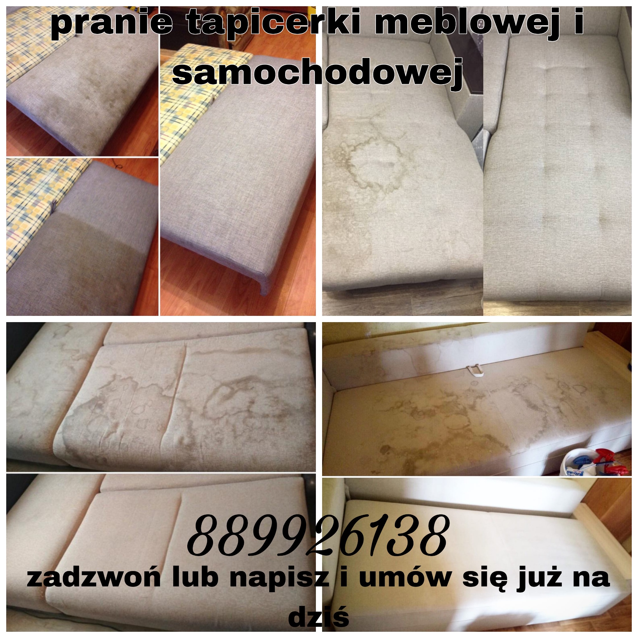 Kolaż zdjęć przedstawiający fragmenty tapicerki meblowej przed i po czyszczeniu. Widoczne plamy i zabrudzenia na tapicerce przed czyszczeniem, a także efekt po usunięciu plam. W prawym dolnym rogu...