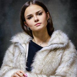 MAR-MAL Mariusz Piórkowski - Portret młodej kobiety w futrze na ciemnym tle, z delikatnym makijażem i biżuterią, dłonie splecione. Ujęcie od dołu podkreśla elegancję i styl.