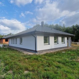 Viktermo - Parterowy dom z szarą elewacją i dachem na tle błękitnego nieba z chmurami. Widoczne czarne ramy okien i wykończenia. W tle drzewa i częściowo widoczny budynek z cegły.