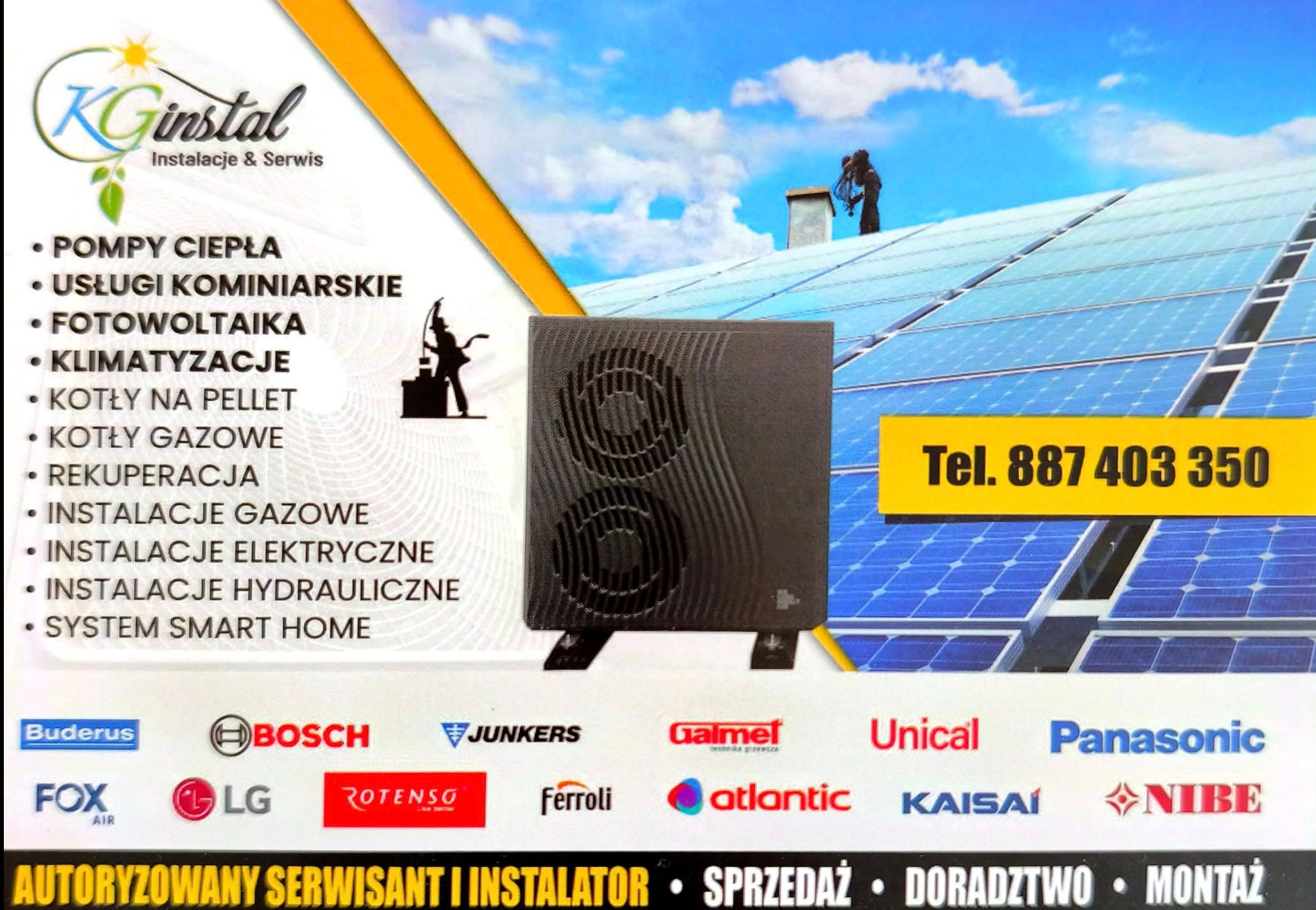 Grafika reklamowa firmy KGinstal z ofertą: pompy ciepła, fotowoltaika, klimatyzacja, rekuperacja, instalacje gazowe i elektryczne. Na tle panele słoneczne i kominiarz.