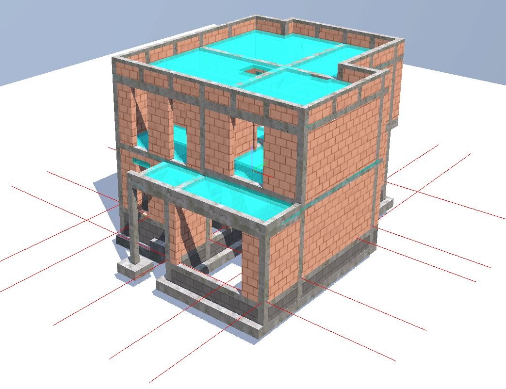 Dwukondygnacyjny model 3D budynku w stanie surowym otwartym, z widocznymi ścianami z cegły i betonowymi elementami konstrukcyjnymi, na białym tle z czerwoną siatką.