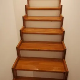 Polakierowane drewniane schody wewnątrz domu, widok od dołu, z materiałami budowlanymi na górnym podeście.