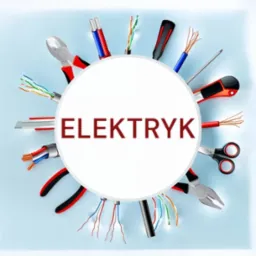 Grafika wektorowa przedstawiająca narzędzia i przewody elektryczne ułożone wokół białego koła z czerwonym napisem 'ELEKTRYK' na jasnoniebieskim tle.