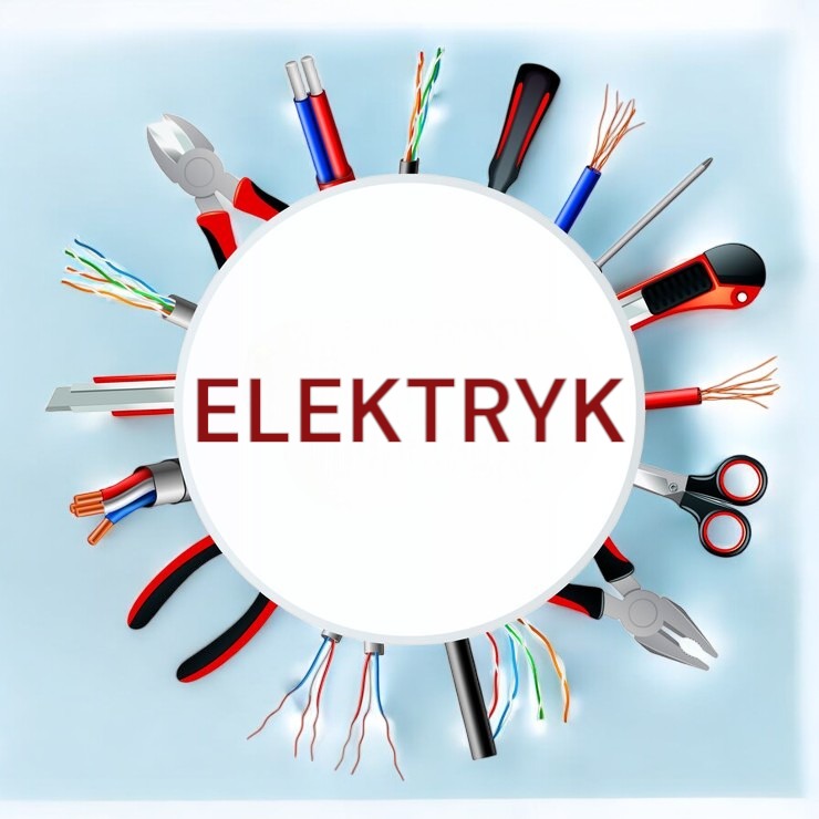 Grafika wektorowa przedstawiająca narzędzia i przewody elektryczne ułożone wokół białego koła z czerwonym napisem 'ELEKTRYK' na jasnoniebieskim tle.