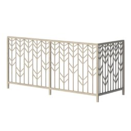 EVOLASER SPÓŁKA Z OGRANICZONĄ ODPOWIEDZIALNOŚCIĄ - Beżowa metalowa balustrada z geometrycznym wzorem w stylu Art Deco, w jasnym otoczeniu. Element dekoracyjny i zabezpieczający.