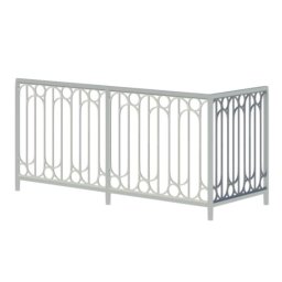 EVOLASER SPÓŁKA Z OGRANICZONĄ ODPOWIEDZIALNOŚCIĄ - Biała, metalowa balustrada z dekoracyjnym wzorem z owali i kół na balkonie, widziana z boku, na jasnym tle. Element architektoniczny.