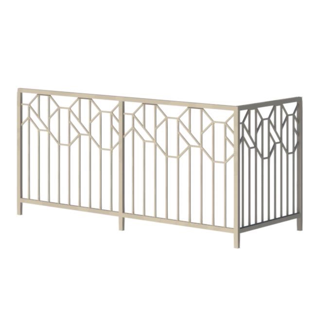 Nowoczesna balustrada metalowa z geometrycznym wzorem w odcieniach beżu i szarości, na białym tle. Minimalistyczny design.