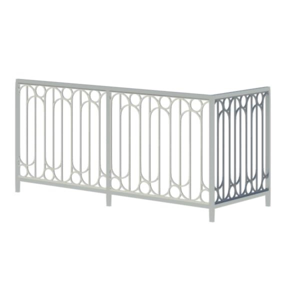 Biała, metalowa balustrada z dekoracyjnym wzorem z owali i kół na balkonie, widziana z boku, na jasnym tle. Element architektoniczny.