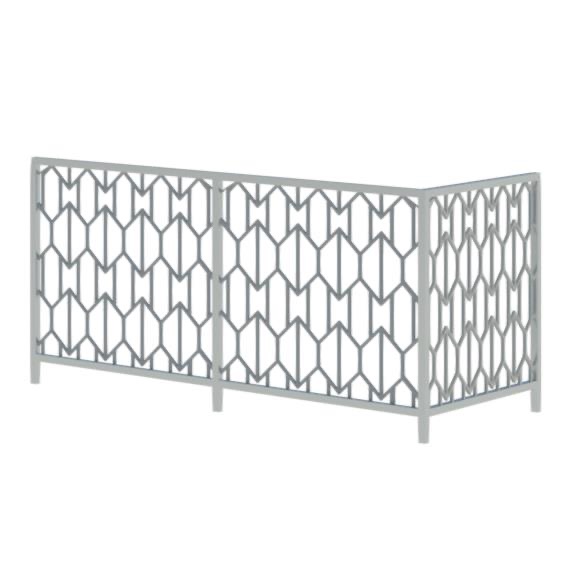 Nowoczesna, szara balustrada metalowa z geometrycznym wzorem rombów, prezentowana na białym tle. Minimalistyczny design.