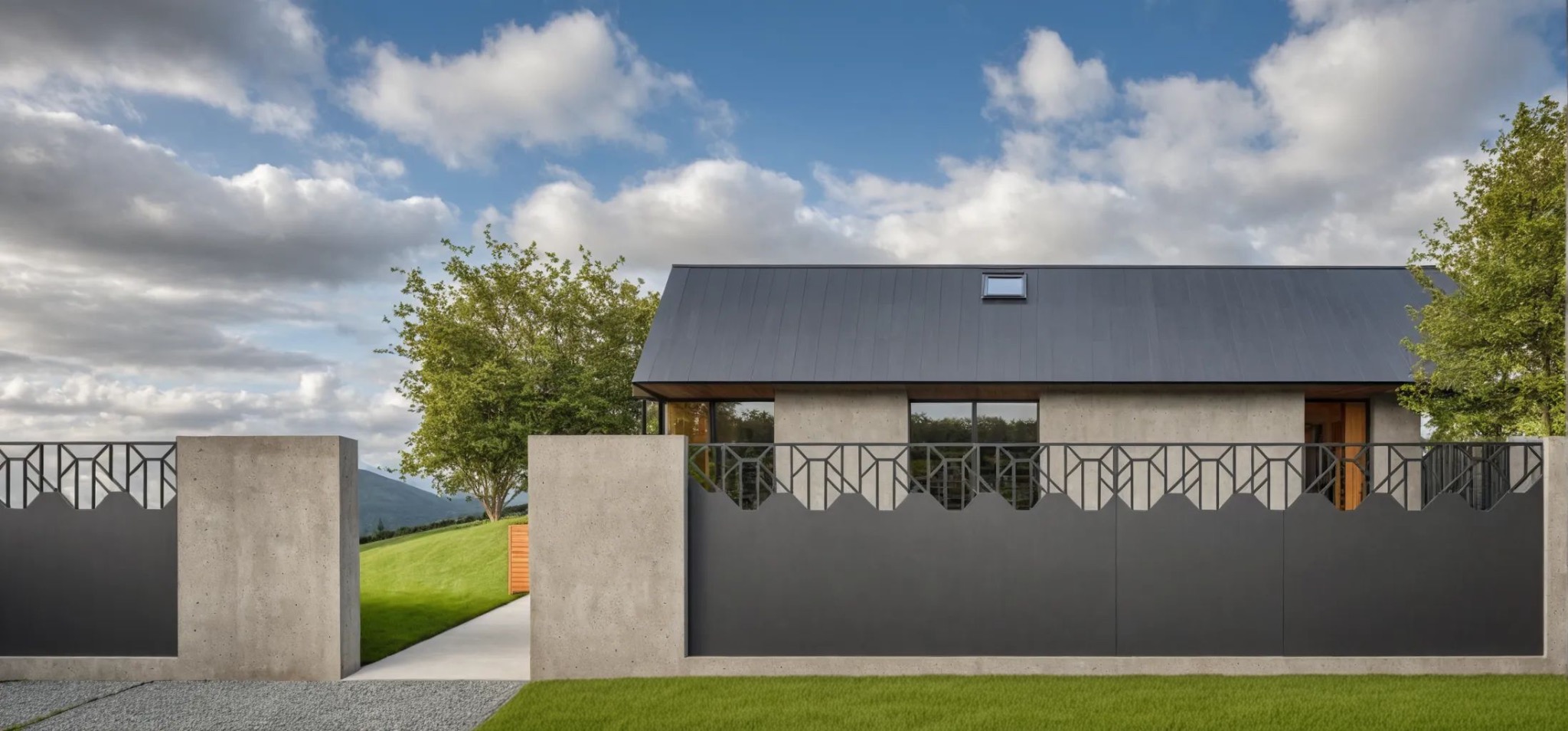 Nowoczesne ogrodzenie metalowe z geometrycznym wzorem na tle domu z szarą elewacją i zielonym trawnikiem w słoneczny dzień.