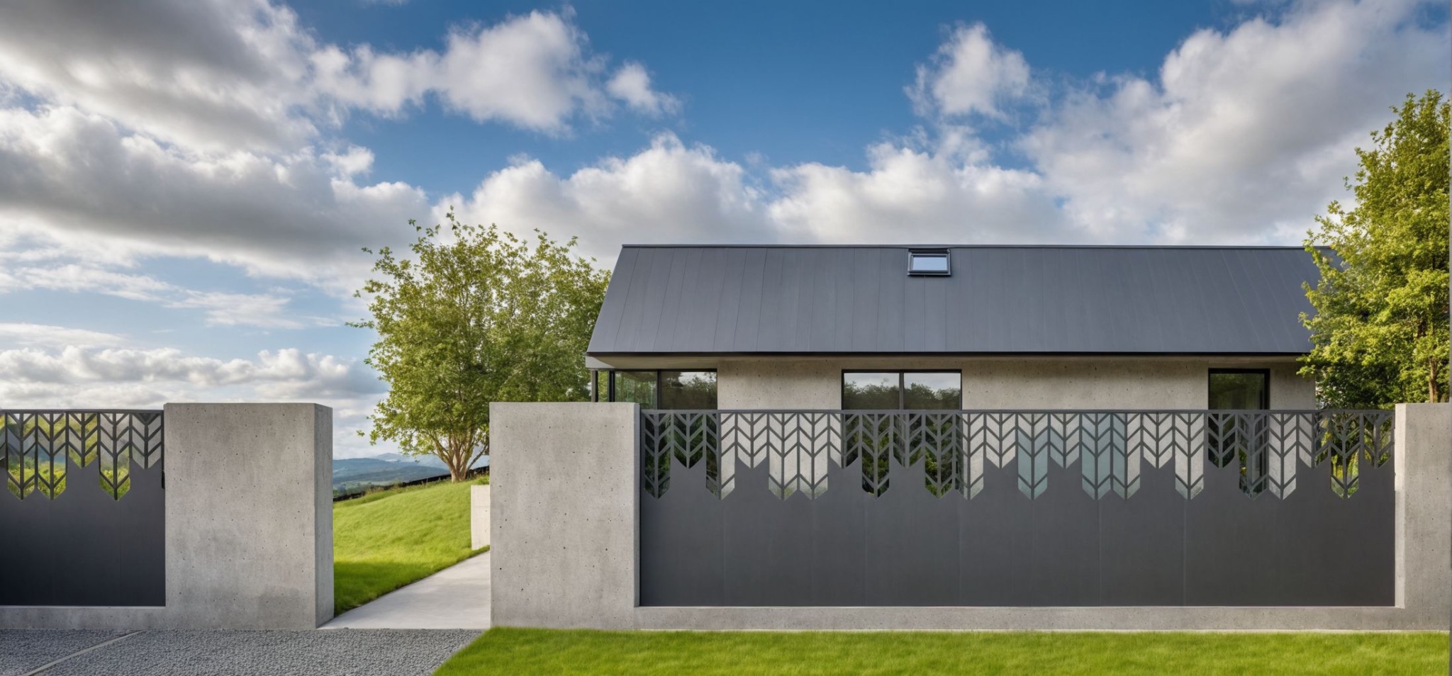 Nowoczesne ogrodzenie metalowe z ażurowym wzorem w kształcie strzałek, betonowe słupki, dom z szarą blachą na dachu, zielony trawnik i błękitne niebo.