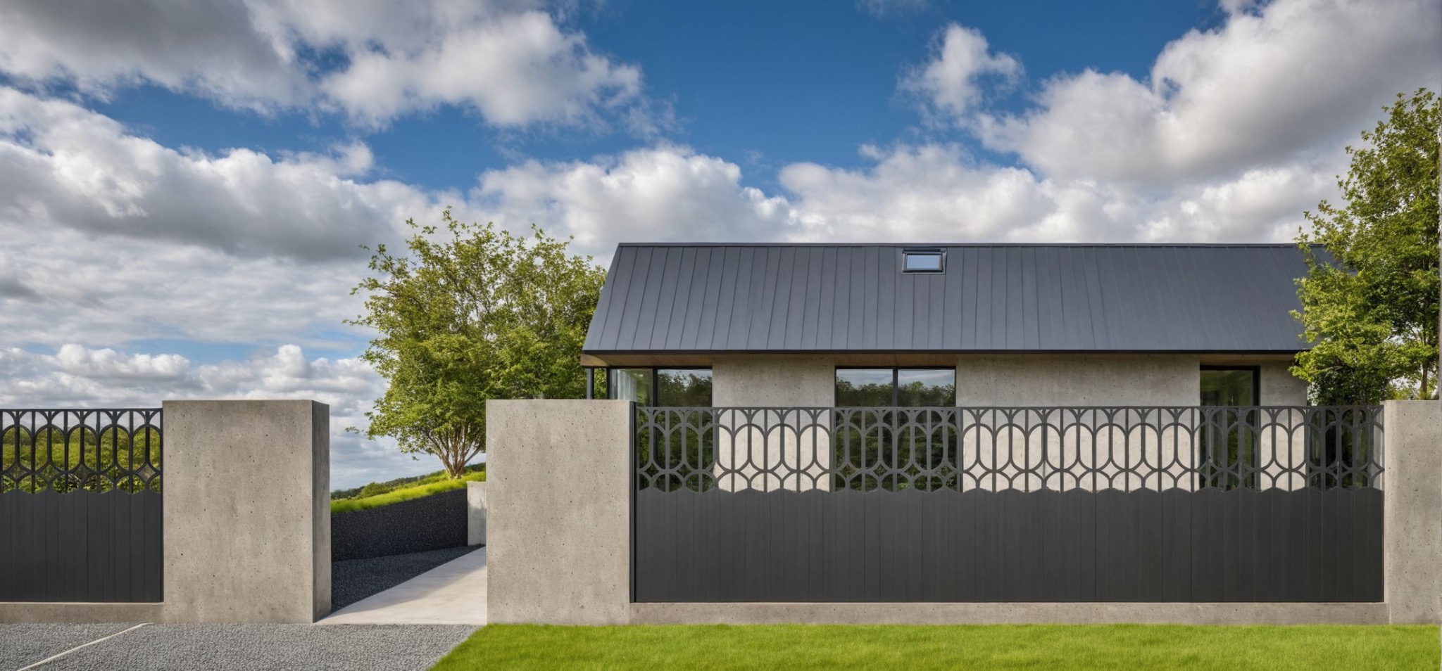 Nowoczesne ogrodzenie metalowe z betonowymi słupkami w Lublinie. Ciemnoszara brama z dekoracyjnym ażurem na tle domu i zieleni. Minimalistyczny design.