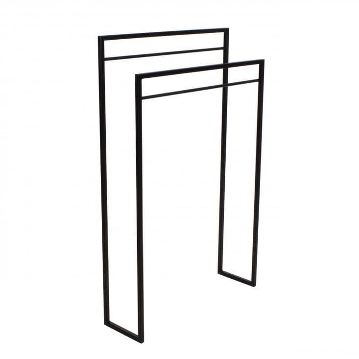 Minimalistyczny, czarny, metalowy stojak na ręczniki, z dwoma poprzeczkami, na białym tle.