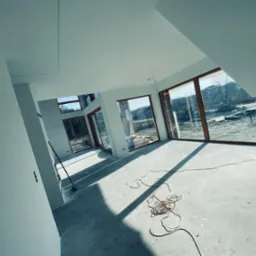 Wnętrze nowo wykończonego, jasnego pomieszczenia z dużymi oknami z drewnianymi ramami, widoczne ślady po pracach wykończeniowych na podłodze i zwisający przewód elektryczny, ściany pomalowane...